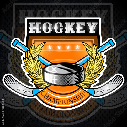 Hockey puck with crossed hockey sticks in center of golden wreath on shield. Sport logo for any team or championship