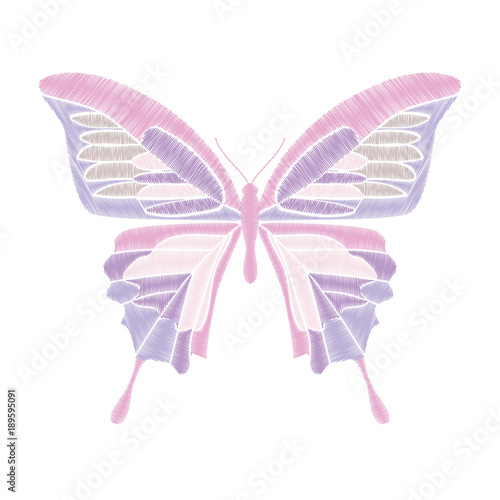 Embroidery butterfly on white background. Vector element for patches, badges and stickers.