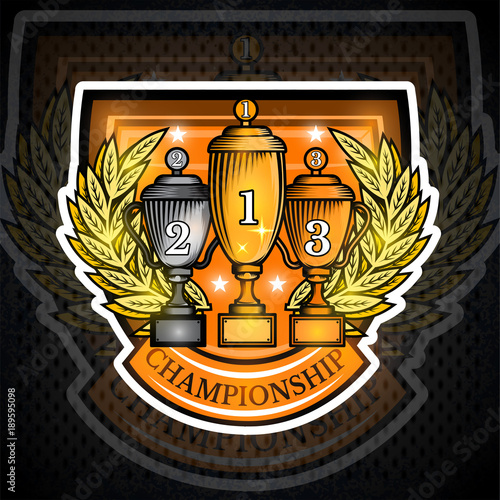 Three cups first gold, second silver and third place bronze with laurel wreath in center of shield. Vector sport logo for any team or competition