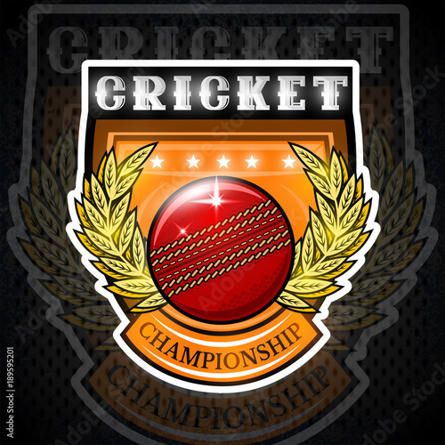 Cricket ball in center of golden wreath on the shield. Sport logo for any team or championship