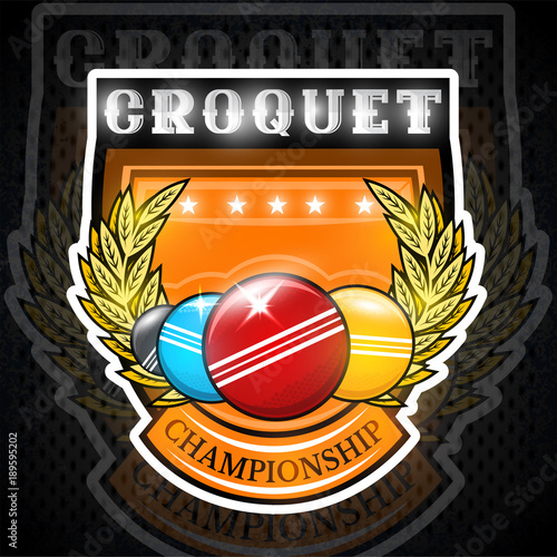 Four croquet balls between golden wreath in the center of shield. Sport logo for any team or championship