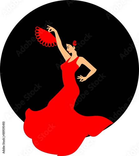 Flamenco dancer in red dress and with red fan in her raised hand