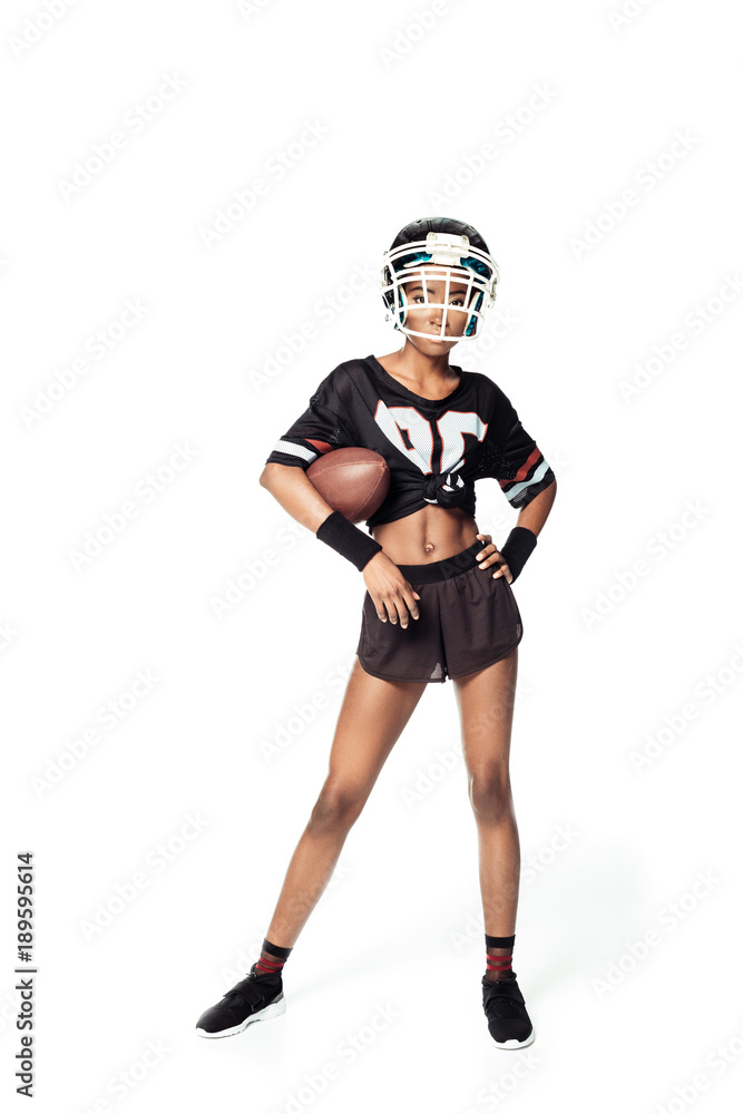female american football player with ball isolated on white