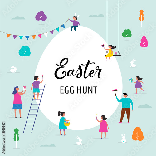 Happy Easter banner with families and kids