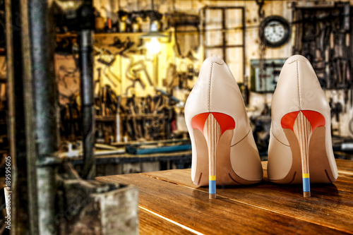 handmade woman shoes and workspace 