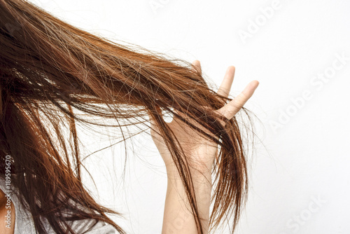 Combing with brush and pulls long hair. Daily preparation for looking nice, Long Disheveled Hair,Holding Messy Unbrushed Dry Hair In Hands. Hair Damage, Health And Beauty Concept.