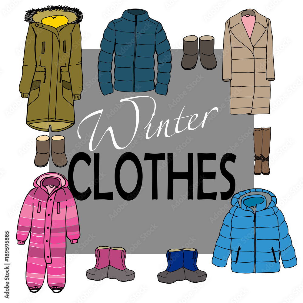 Set of hand drawn winter clothes and footwear: jacket, coat