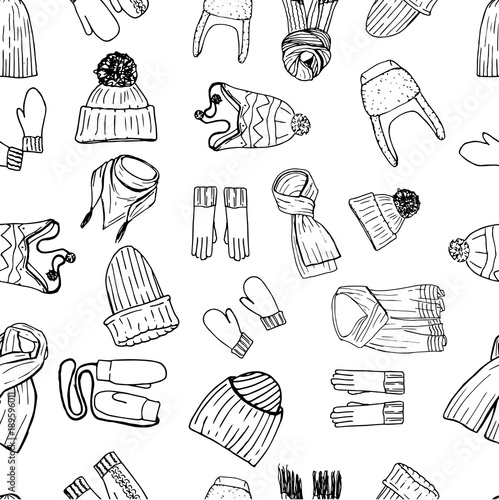 Seamless pattern hand drawn sketch of winter accessories: hat, gloves, scarves, mittens on white background