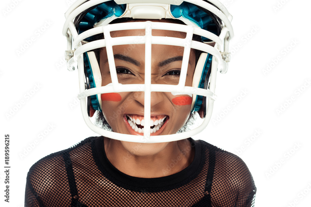 close-up portrait of expressive female american football player looking at camera isolated on white close-up portrait of expressive female american football player looking at camera isolated on white