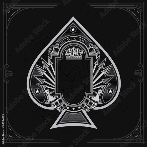 Vintage weapon and arrows with frame in the middle of ace of spades form. Military design playing card element white on black