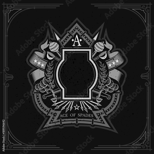 Vintage weapon and frame with wreath in the middle of ace of spades form. Military design playing card element or print white on blackboard