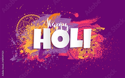 Happy Holi design with colorful paint splatters. Vector illustration