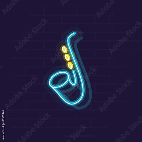 Neon style jazz saxophone for poster for event, music bar or festival. Geometric style illustration on brick wall background.