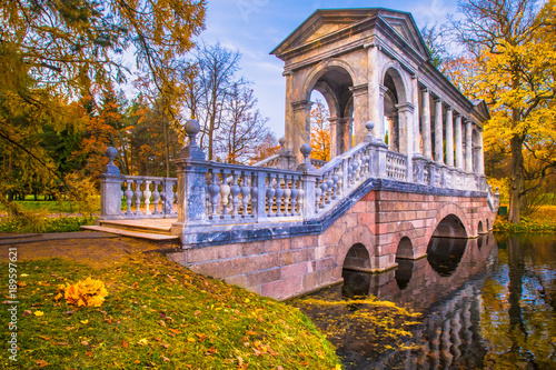 Autumn trees. Autumn weather. Bridge over the creek. Yellow trees on the shore of the lake.