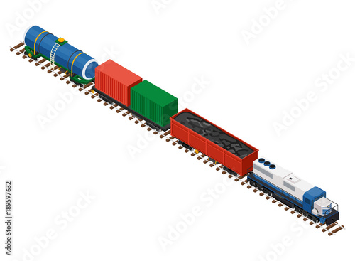 Flat 3d isometric railroad locomotive carriage cistern tank, containers