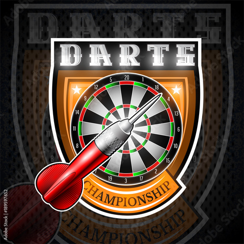One red darts with round target in center of shield. Sport logo for any darts game or championship