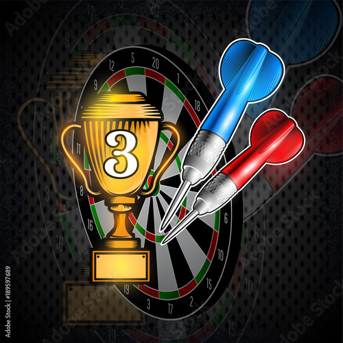 Red and blue darts with cup of third place on dartboard. Sport logo for any darts game or championship