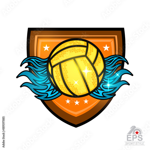 Water polo ball with water splash under in center of shield. Vector sport logo for any team or competition isolated on white