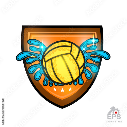 Water polo ball between water splash in center of shield. Vector sport logo for any team or competition isolated on white