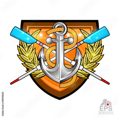 Modern crossed oars for rowing with anchor in the middle of golden laurel wreath on the shield on white. Sport logo for any team or championship