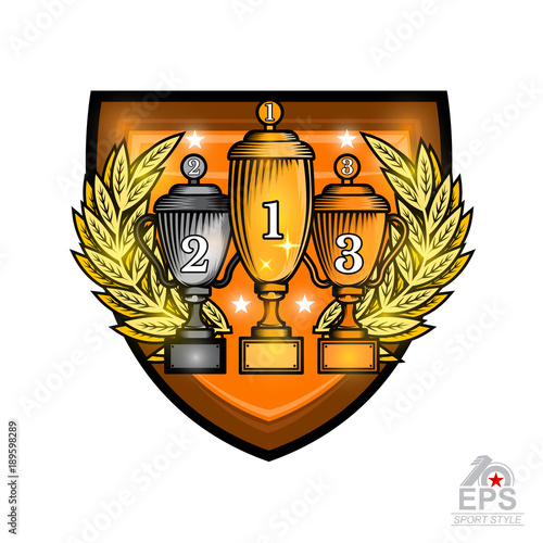 Three cups first gold, second silver and third place bronze with laurel wreath in center of shield. Vector sport logo for any team