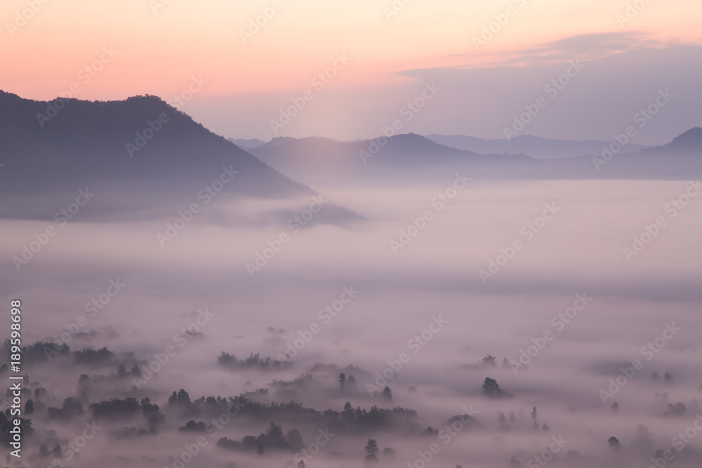 Mountainous landscape with golden sky and beautiful mist,Phu Tho Chiang Khan,Loei.