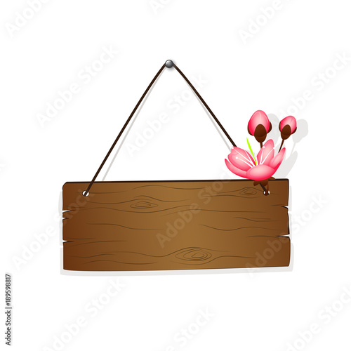 hängendes holzschild mit rosa kirschblüte