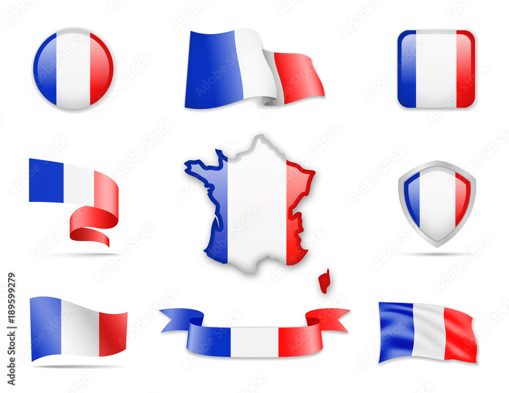 France Flags Collection. Flags and contour map. Vector illustration France Flags Collection. Flags and contour map. Vector illustration