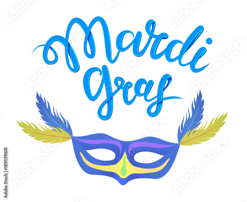 Calligraphy with the phrase Mardi Gras. Blue hand drawn lettering. Vector illustration  isolated on white background.