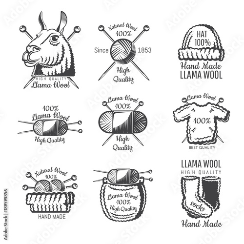 Set of labels from lama wool with yarn. Logo for knitted craft related site or business