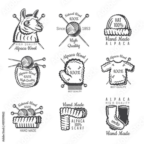 Set of labels from alpaca wool with yarn. Logo for knitted craft related site or business