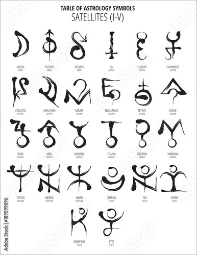TABLE OF ASTROLOGY SYMBOLS: HAND DRAWN SATELLITES I-V HIEROGLYPH.
