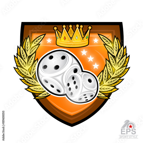 Pair of dice with crown between golden wreath in center of shield. Sport logo for any games of chance or board games isolated on white