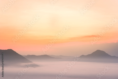  Mountainous landscape with golden sky and beautiful mist,Phu Tho Chiang Khan,Loei.