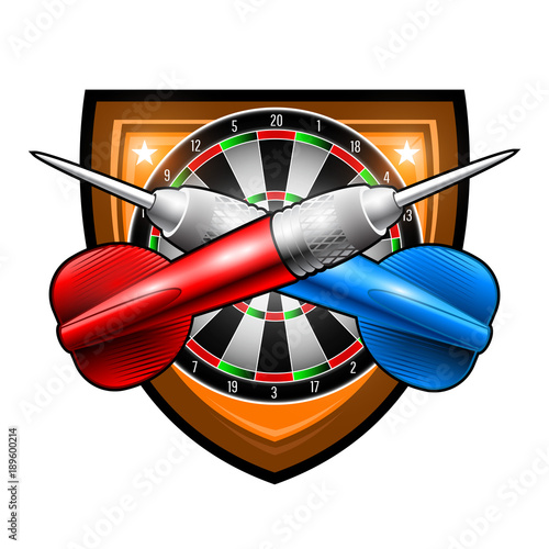 Red and blue darts crossed with round target in center of shield. Sport logo for any darts game or championship isolated on white