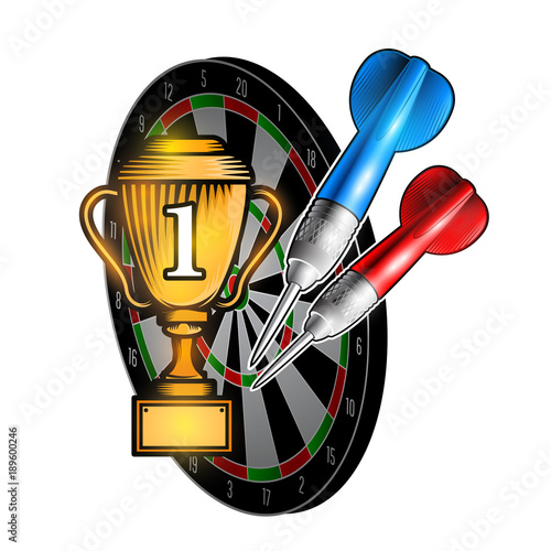 Red and blue darts with cup of first place on dartboard on white. Sport logo for any darts game or championship.