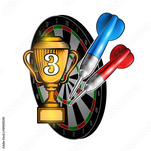 Red and blue darts with cup of third place on dartboard on white. Sport logo for any darts game or championship.