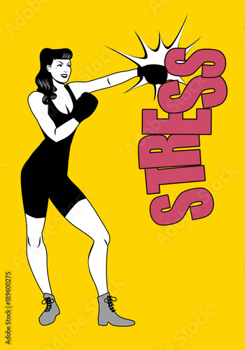 The fight against stress. Pretty girl boxer hitting stress with a left hook.