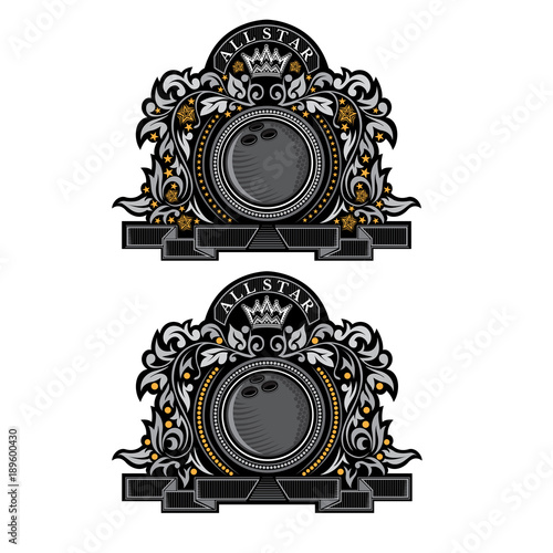 Two banners with bowling ball in center with silver pattern isolated on white. Sport logo for any team or competition all star