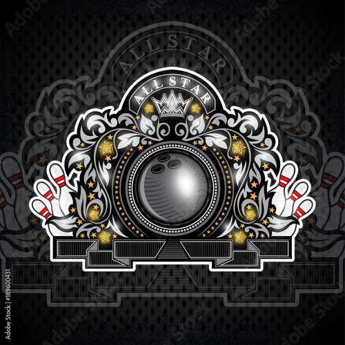 Bowling ball and pins in center of silver banner with silver pattern. Sport logo for any team or competition all star