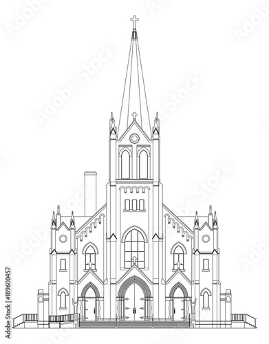 The building of the Catholic church, views from different sides. Three-dimensional illustration on a white background.