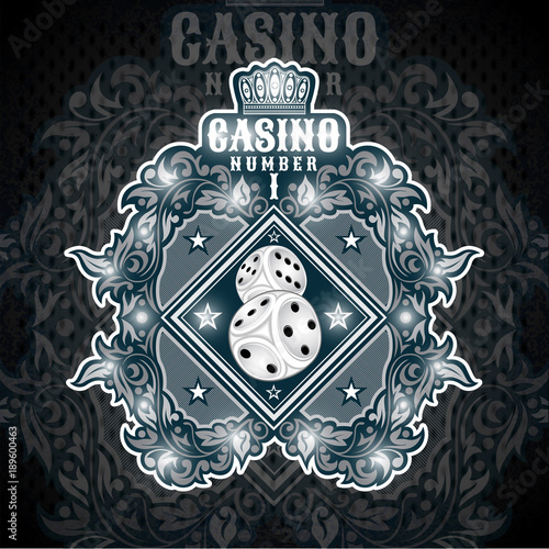 Two dice in center of blue banner with silver pattern. Sport logo for any casino or boardgame all star