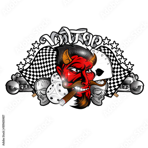 Head of smoking red devil between dice ,card motorcicle and skull. Label or logo for rockabilly, tattoo or sport team