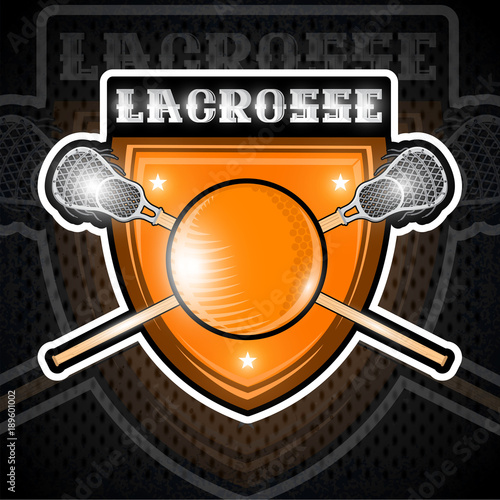 Lacrosse ball with crossed lacrosse stick in center of shield. Sport logo for any team or championship