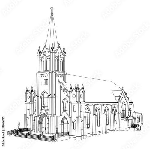 The building of the Catholic church, views from different sides. Three-dimensional illustration on a white background.