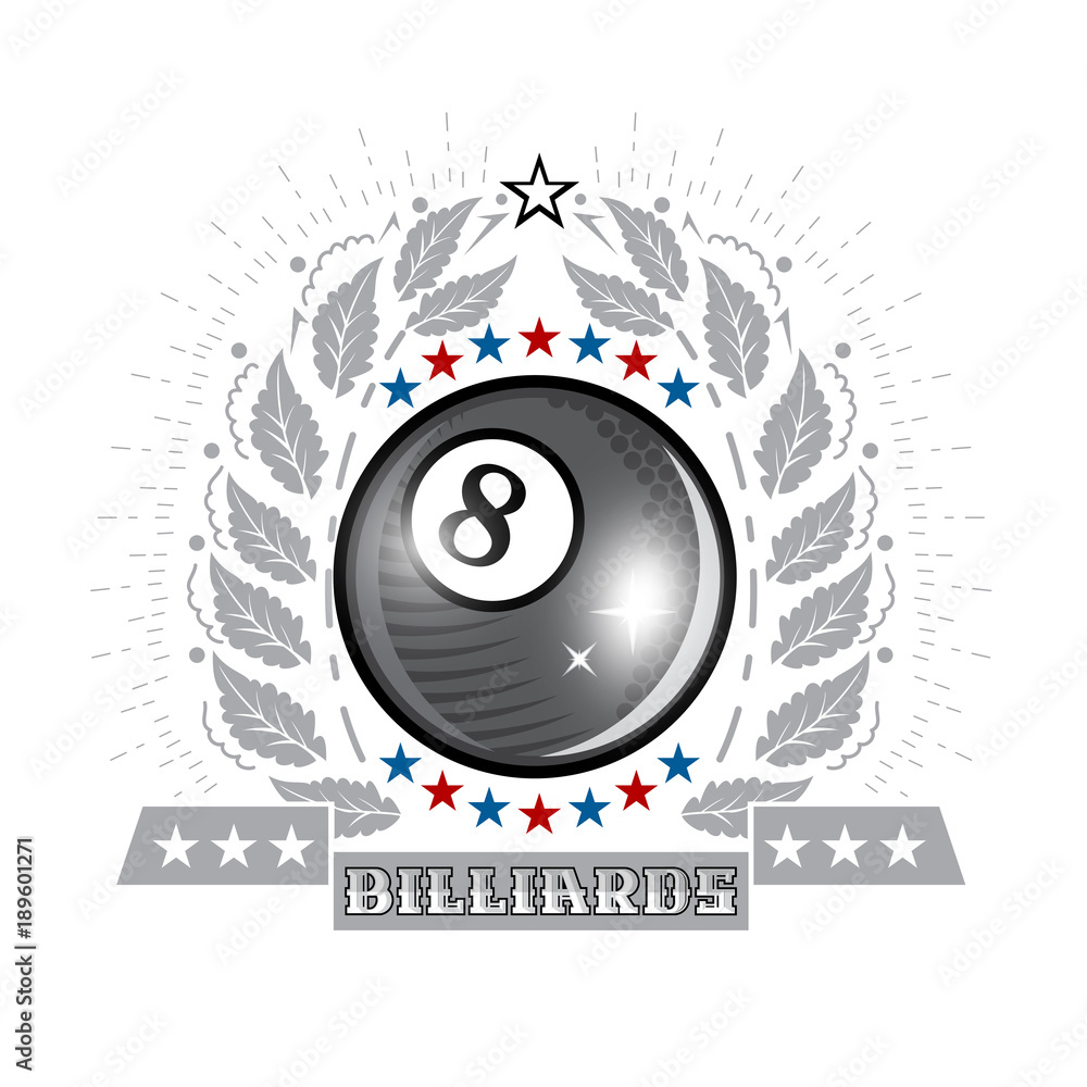 Black billiard ball in center of oak silver wreath. Sport logo for any billiard game or championship Black billiard ball in center of oak silver wreath. Sport logo for any billiard game or championship