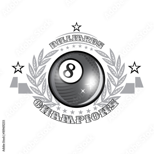 Black billiard ball in center of silver wreath. Sport logo for any billiard game or championship