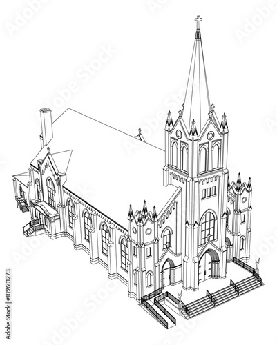 The building of the Catholic church, views from different sides. Three-dimensional illustration on a white background.