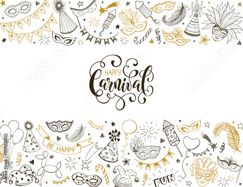 Horisontal carnival vector composition. Carnival objects in golden colors. Masqeurade elements collection in line art style. Doodle masquerade masks, feathers, firecrackers. Mardi grass symbols.