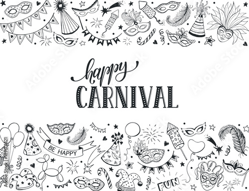 Horisontal carnival vector composition isolated on white background. Hand drawn carnival objects in line art style. Doodle masquerade masks, feathers, firecrackers. Mardi grass traditional symbols.